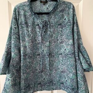 Frye Blouse with lace up ties Size L   Paisley print in blue and green
